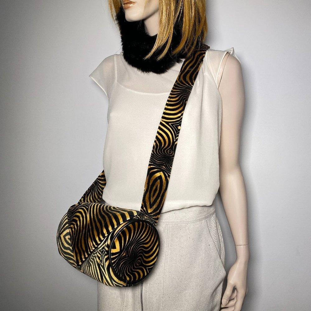 NEW VINTAGE Zebra Velvet Barrel Crossbody Shoulder Purse Bag! leather RARE OOAK